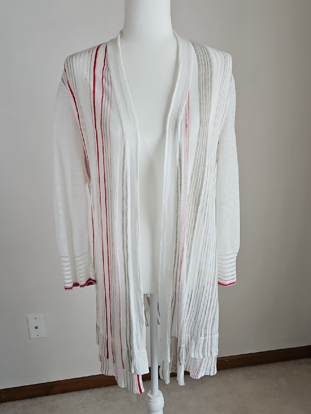 Nic+Zoe LG Lightweight Linen Blend Long Cardigan Ruffle Tier Hem Coastal